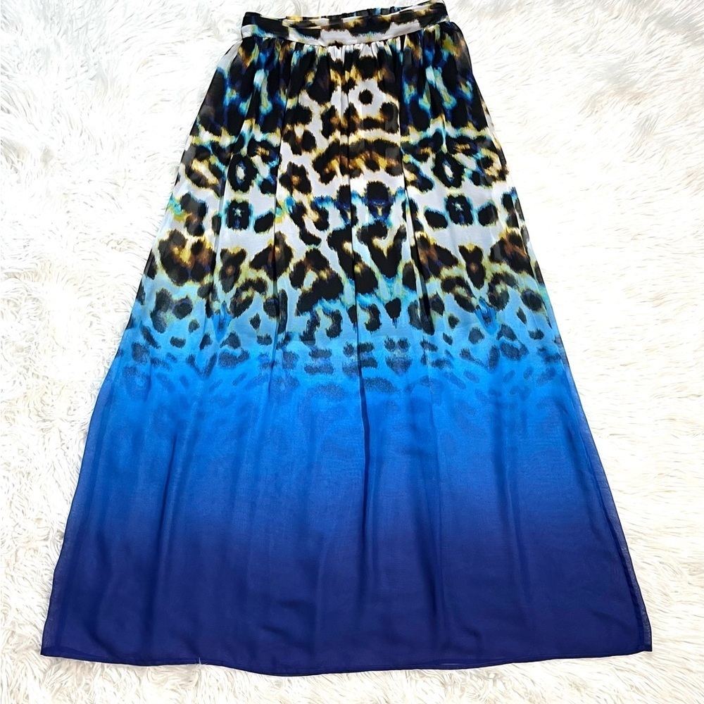 Leopard Animal Print Blue Chiffon Maxi Skirt Sheer Overlay Lined